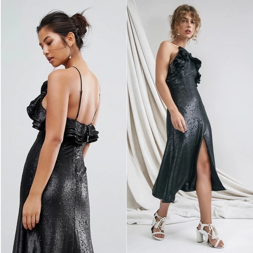 C/MEO Sequin Ruffle Halter‎ Square Neck Sleeveless Fit & Flare Slit Midi Dress S